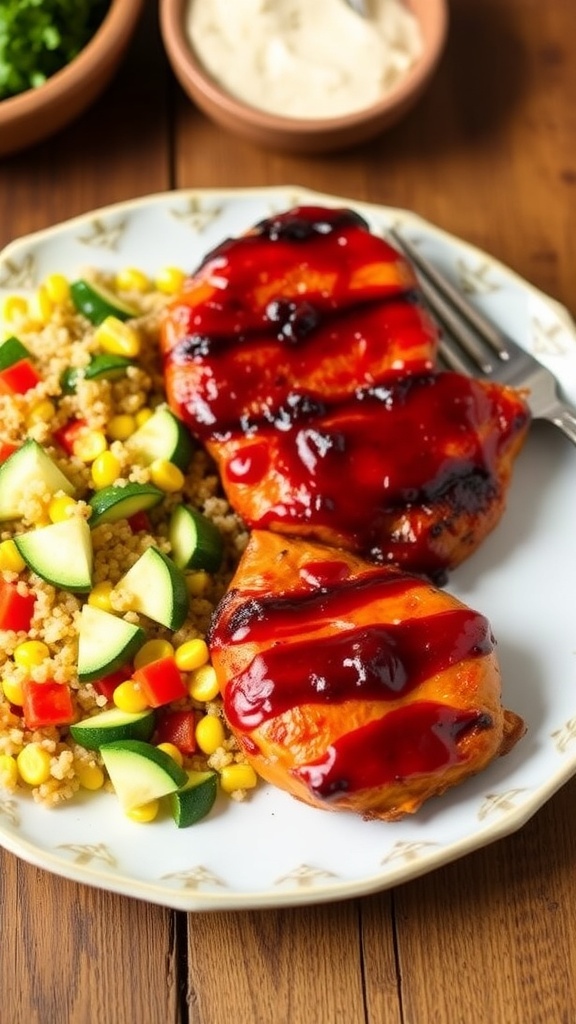 Grilled BBQ chicken with zucchini and corn quinoa salad on a plate.
